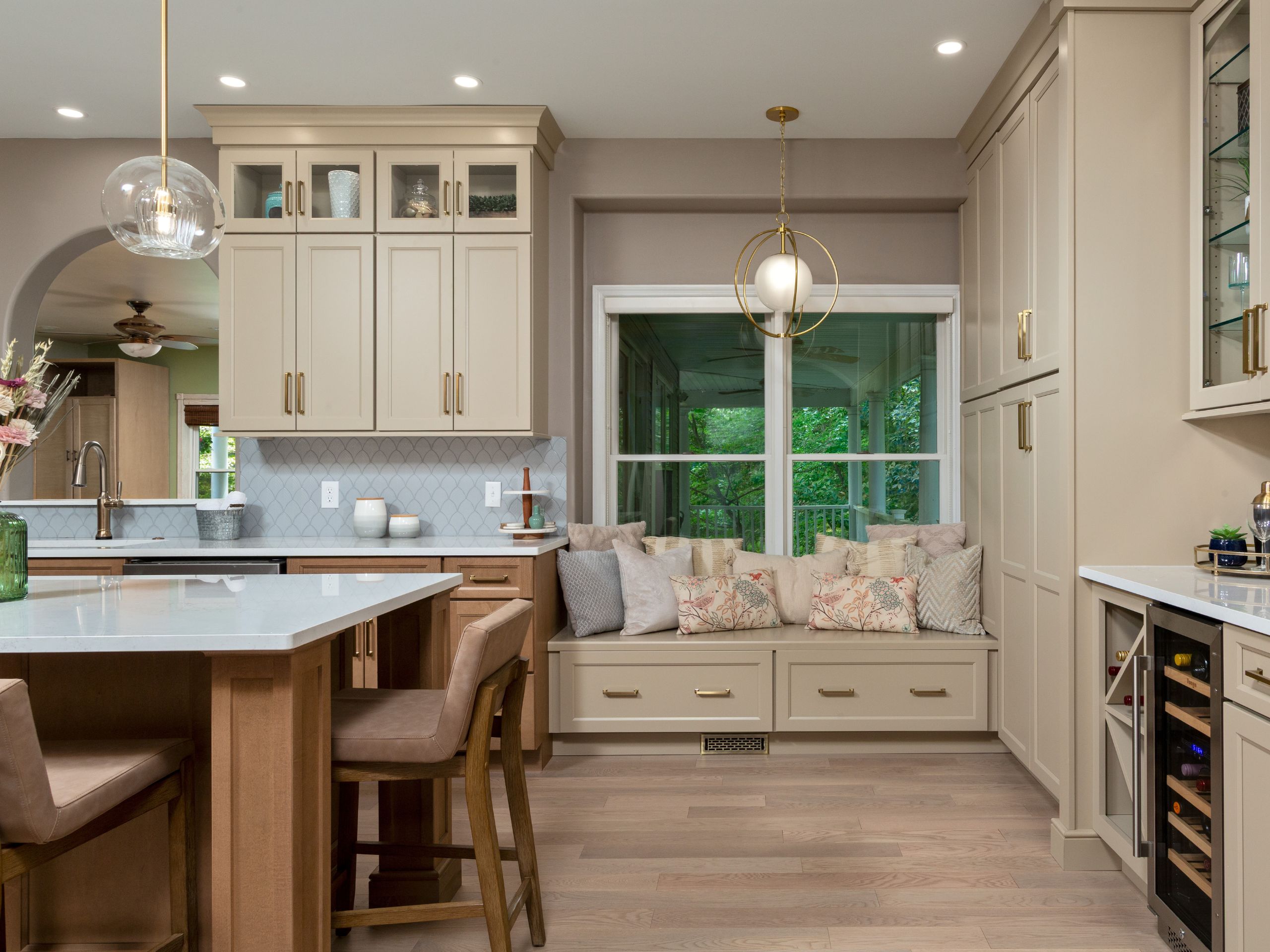 Image of kitchen remodel featuring a banquet window seat