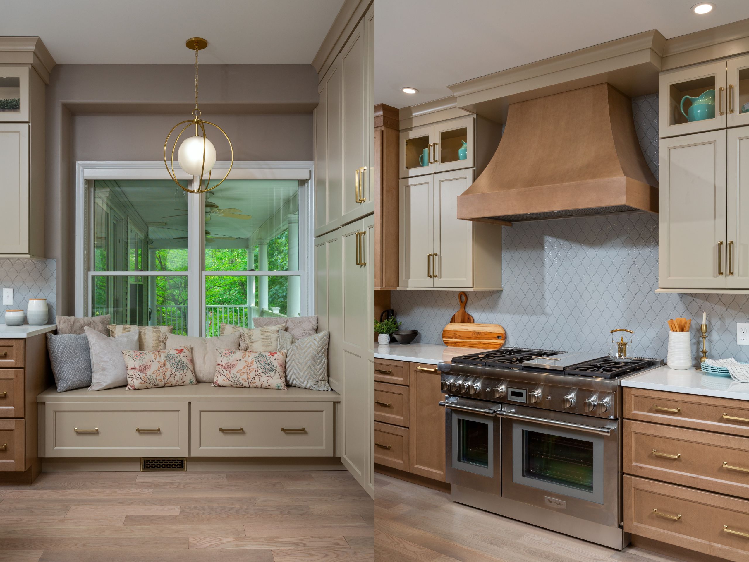Image of kitchen remodel window seat and custom range hood
